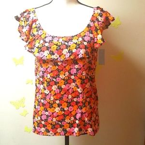 Loft floral ruffle coral orange pink cotton top nwt petite small